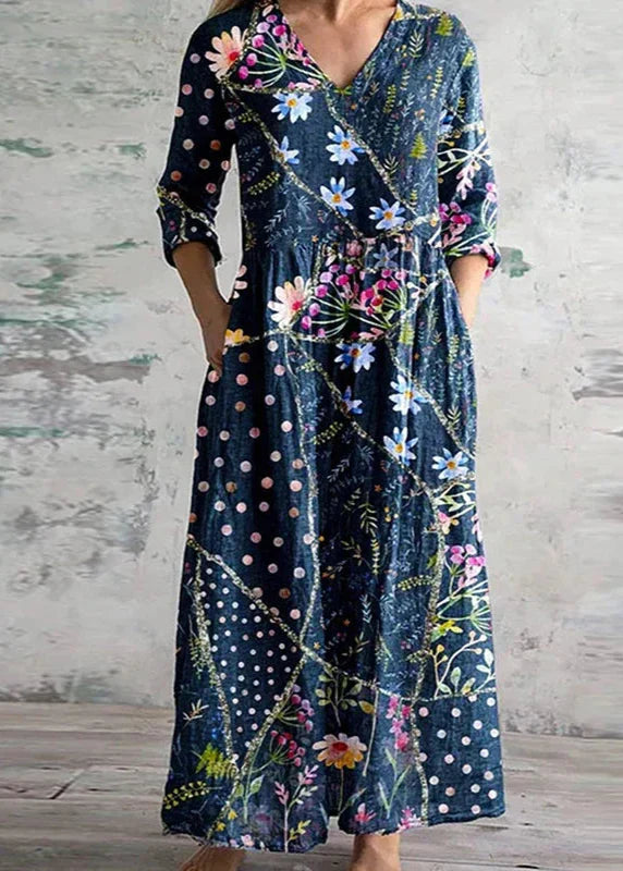 Femme Robe Maxi Florale avec Col en V et Manches Trois-quarts
