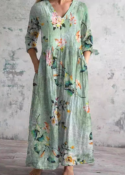 Women’s Floral Maxi Dress with V-Neck and Three-Quarter Sleeves - 7