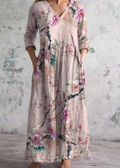 Women’s Floral Maxi Dress with V-Neck and Three-Quarter Sleeves - 8