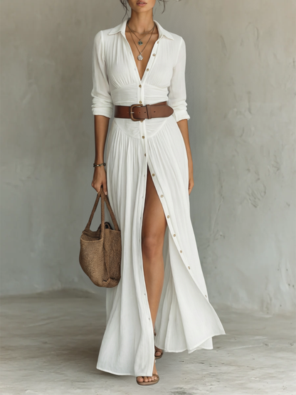Women's Long Maxi Dress with Shirt Collar, Long Sleeves, and Slit - 2