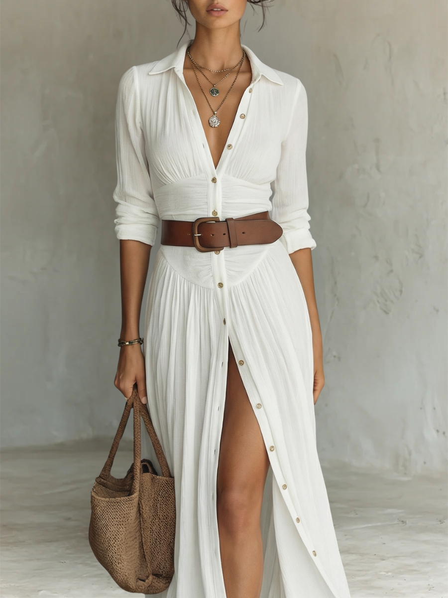 Femme Robe Maxi Longue à Col Chemise avec Manches Longues et Fente