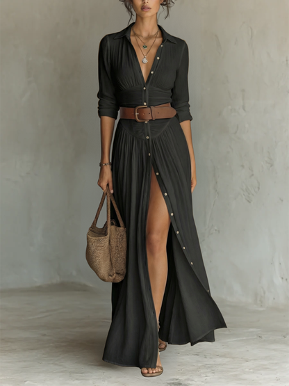 Women's Long Maxi Dress with Shirt Collar, Long Sleeves, and Slit - 5