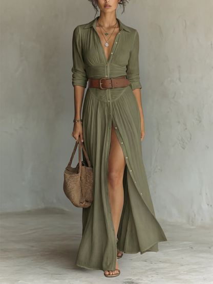 Women's Long Maxi Dress with Shirt Collar, Long Sleeves, and Slit - 6