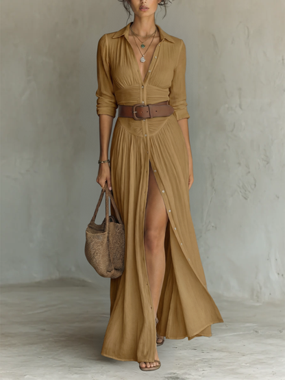 Women's Long Maxi Dress with Shirt Collar, Long Sleeves, and Slit - 7