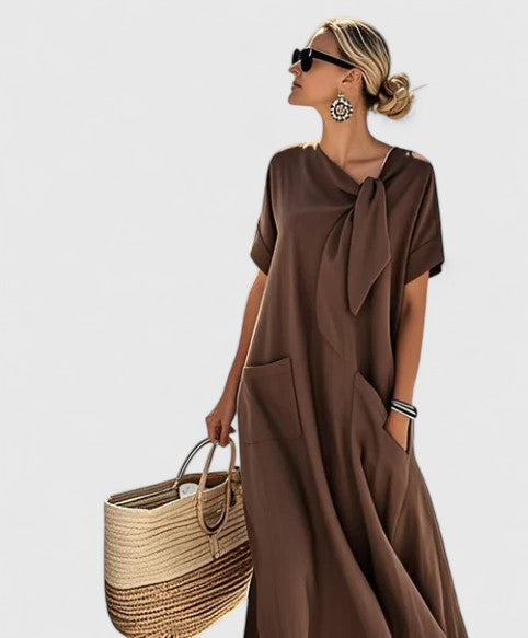 Femme Robe Maxi Manches Courtes avec Nœud au Col et Poches