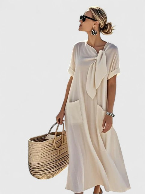 Women's Short Sleeve Maxi Dress with Knot at the Neck and Pockets - 2