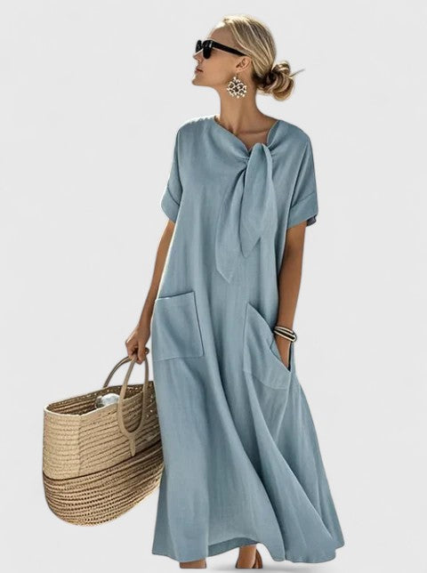 Femme Robe Maxi Manches Courtes avec Nœud au Col et Poches