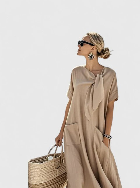 Women's Short Sleeve Maxi Dress with Knot at the Neck and Pockets - 4