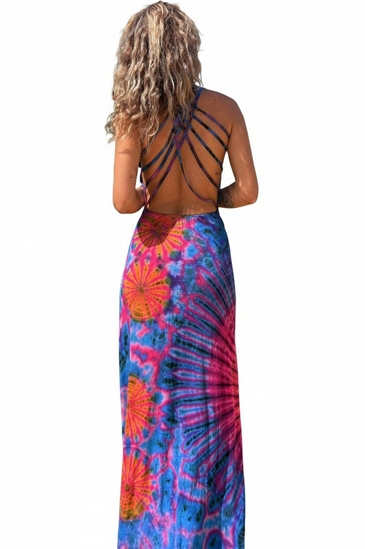 Femme Robe Maxi Sans Manches à Encolure Ronde avec Dos Lacé et Imprimé Tie-Dye