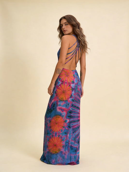 Femme Robe Maxi Sans Manches à Encolure Ronde avec Dos Lacé et Imprimé Tie-Dye 1