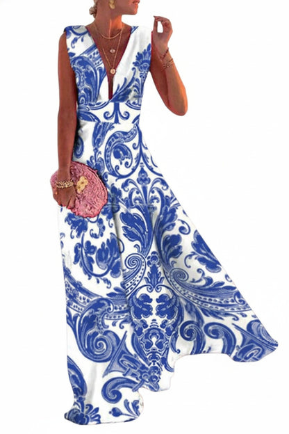 Femme Robe Maxi sans Manches avec Col en V et Imprimé