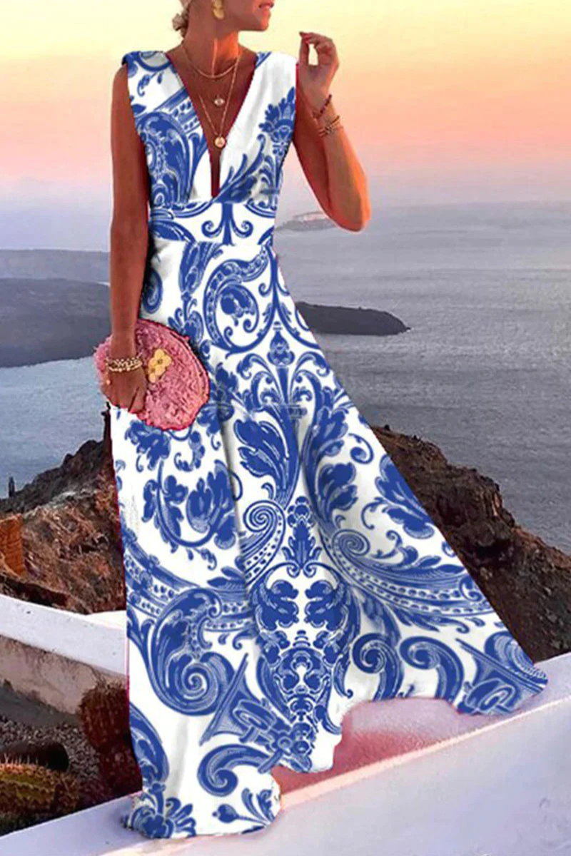 Femme Robe Maxi sans Manches avec Col en V et Imprimé