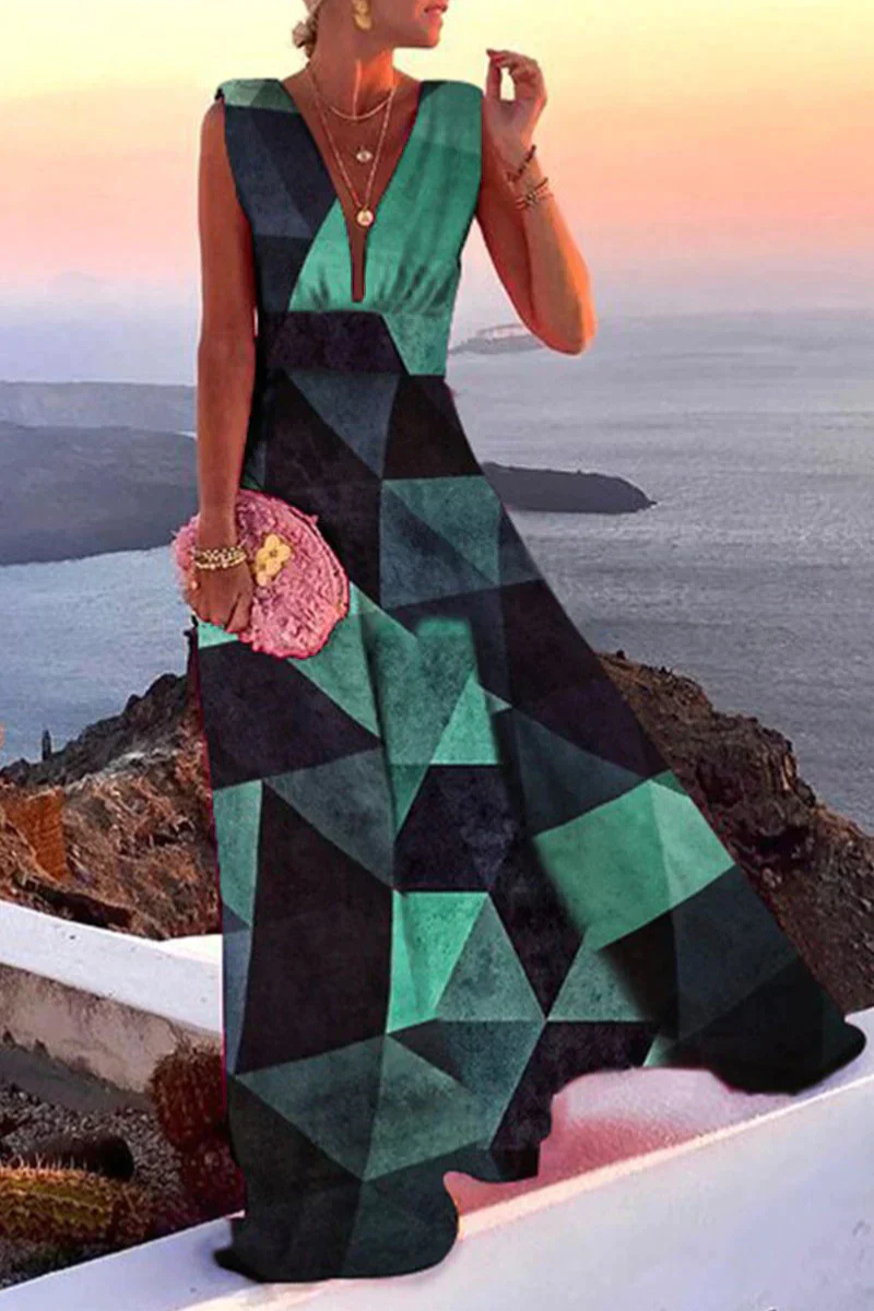 Femme Robe Maxi sans Manches avec Col en V et Imprimé