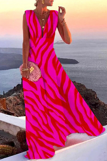 Femme Robe Maxi sans Manches avec Col en V et Imprimé