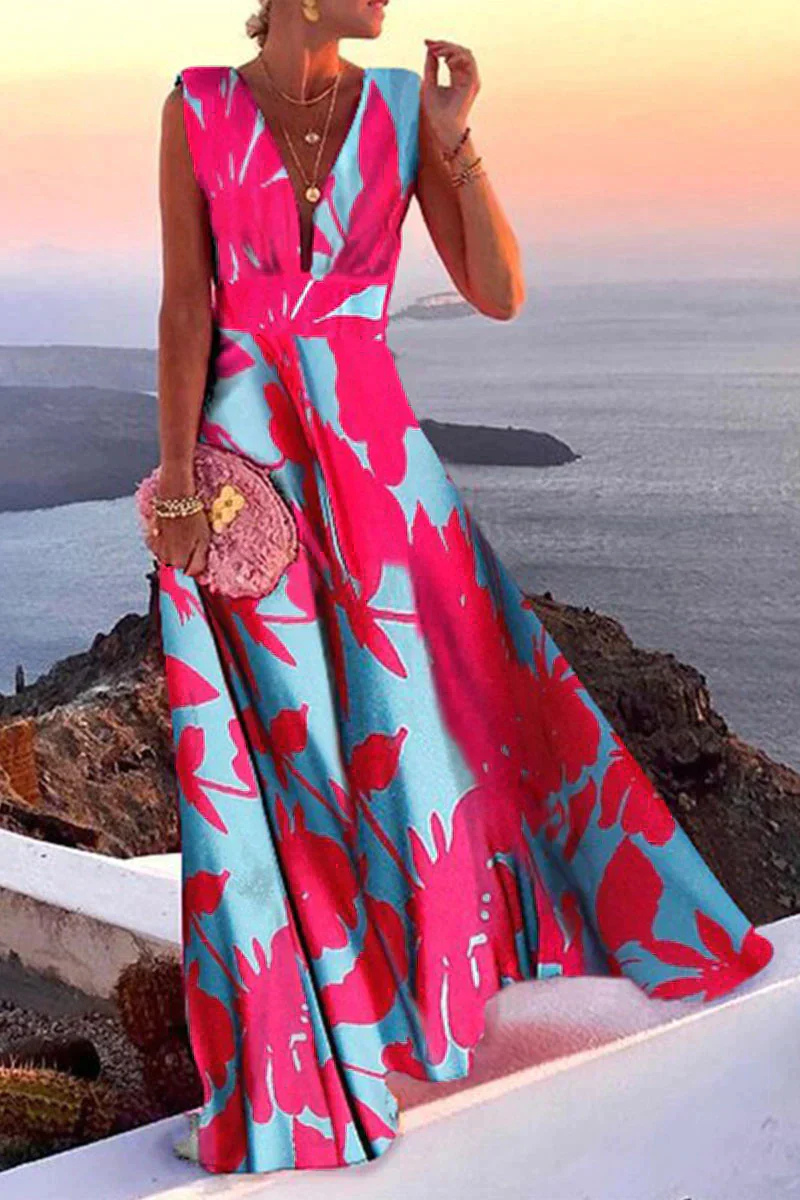 Femme Robe Maxi sans Manches avec Col en V et Imprimé