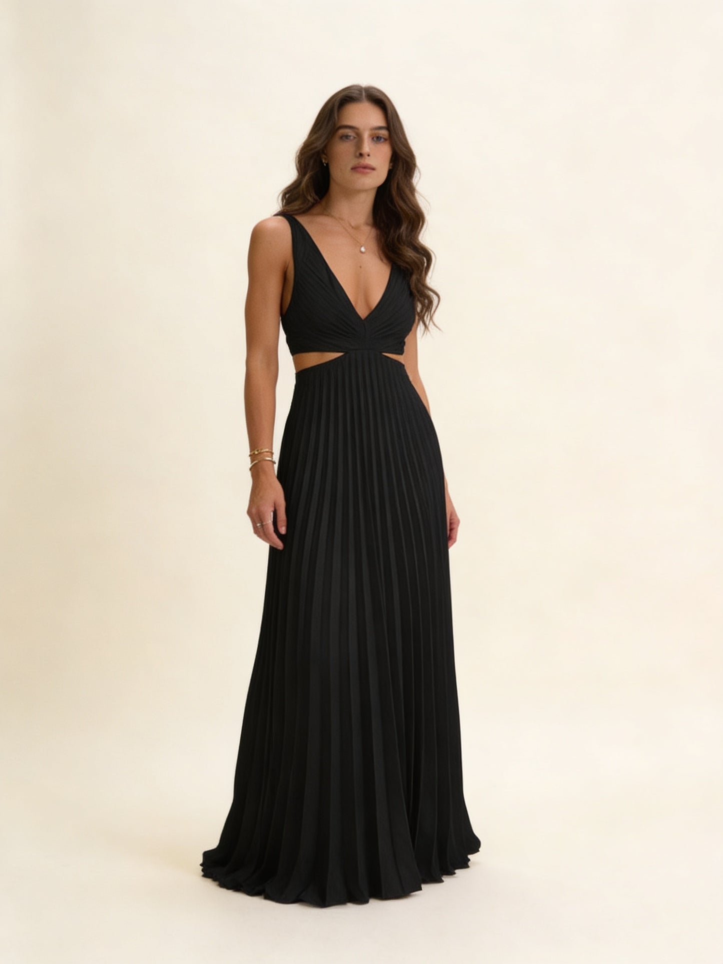 Femme Robe Maxi Sans Manches Col V, Jupe Plissée et Découpe à la Taille 3