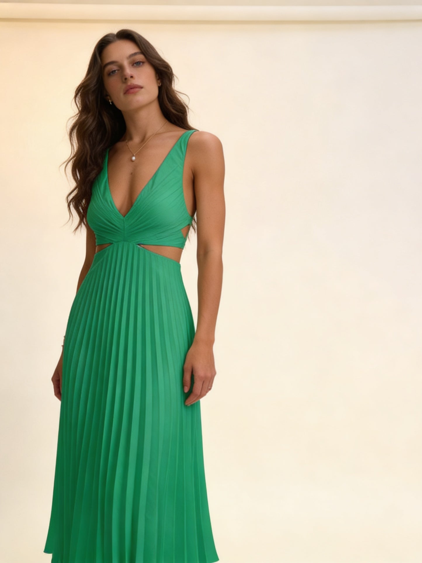 Femme Robe Maxi Sans Manches Col V, Jupe Plissée et Découpe à la Taille 4