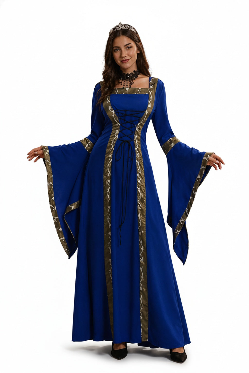 Femme Robe Médiévale Longue à Capuche avec Encolure Carrée et Manches Évasées