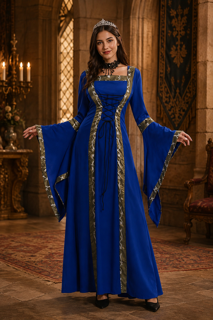 Femme Robe Médiévale Longue à Capuche avec Encolure Carrée et Manches Évasées