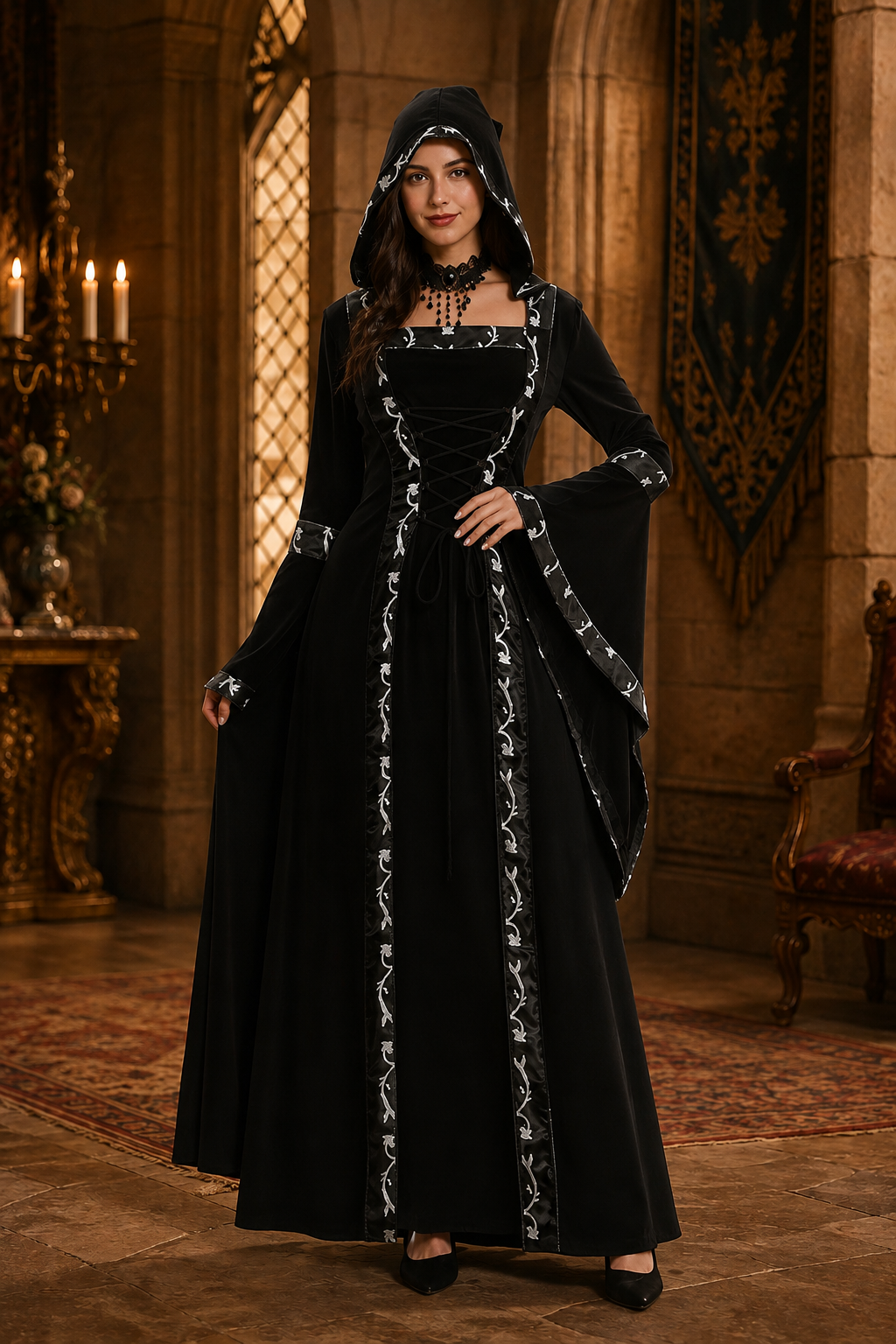 Femme Robe Médiévale Longue à Capuche avec Encolure Carrée et Manches Évasées