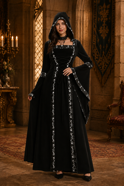Femme Robe Médiévale Longue à Capuche avec Encolure Carrée et Manches Évasées