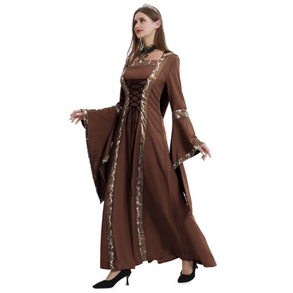 Femme Robe Médiévale Longue à Capuche avec Encolure Carrée et Manches Évasées