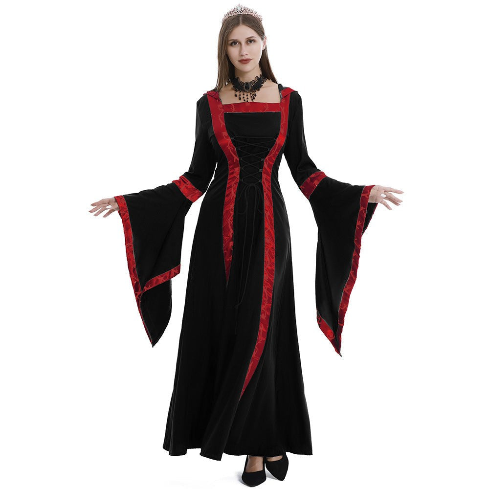 Femme Robe Médiévale Longue à Capuche avec Encolure Carrée et Manches Évasées