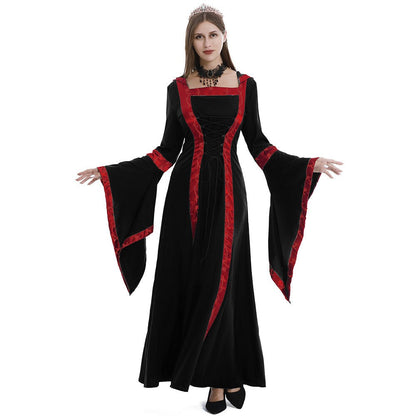 Femme Robe Médiévale Longue à Capuche avec Encolure Carrée et Manches Évasées