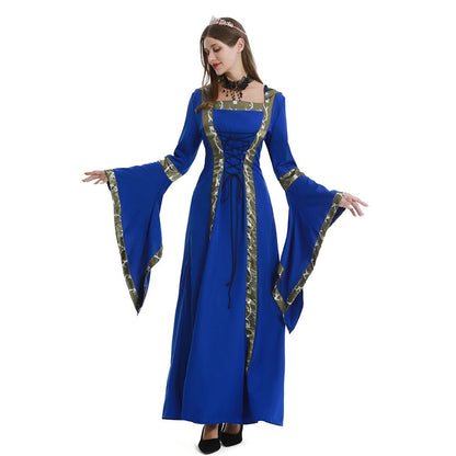 Femme Robe Médiévale Longue à Capuche avec Encolure Carrée et Manches Évasées