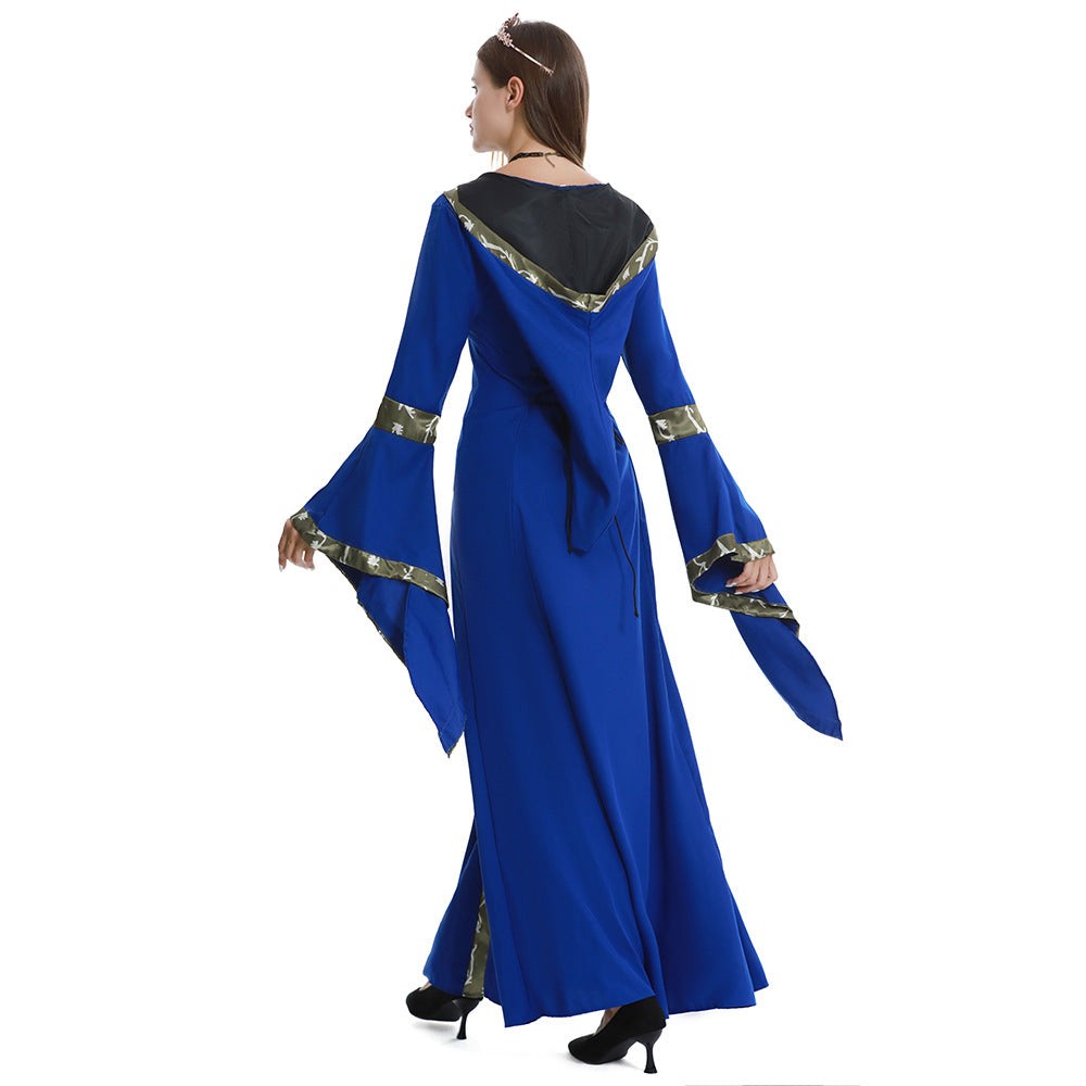 Femme Robe Médiévale Longue à Capuche avec Encolure Carrée et Manches Évasées