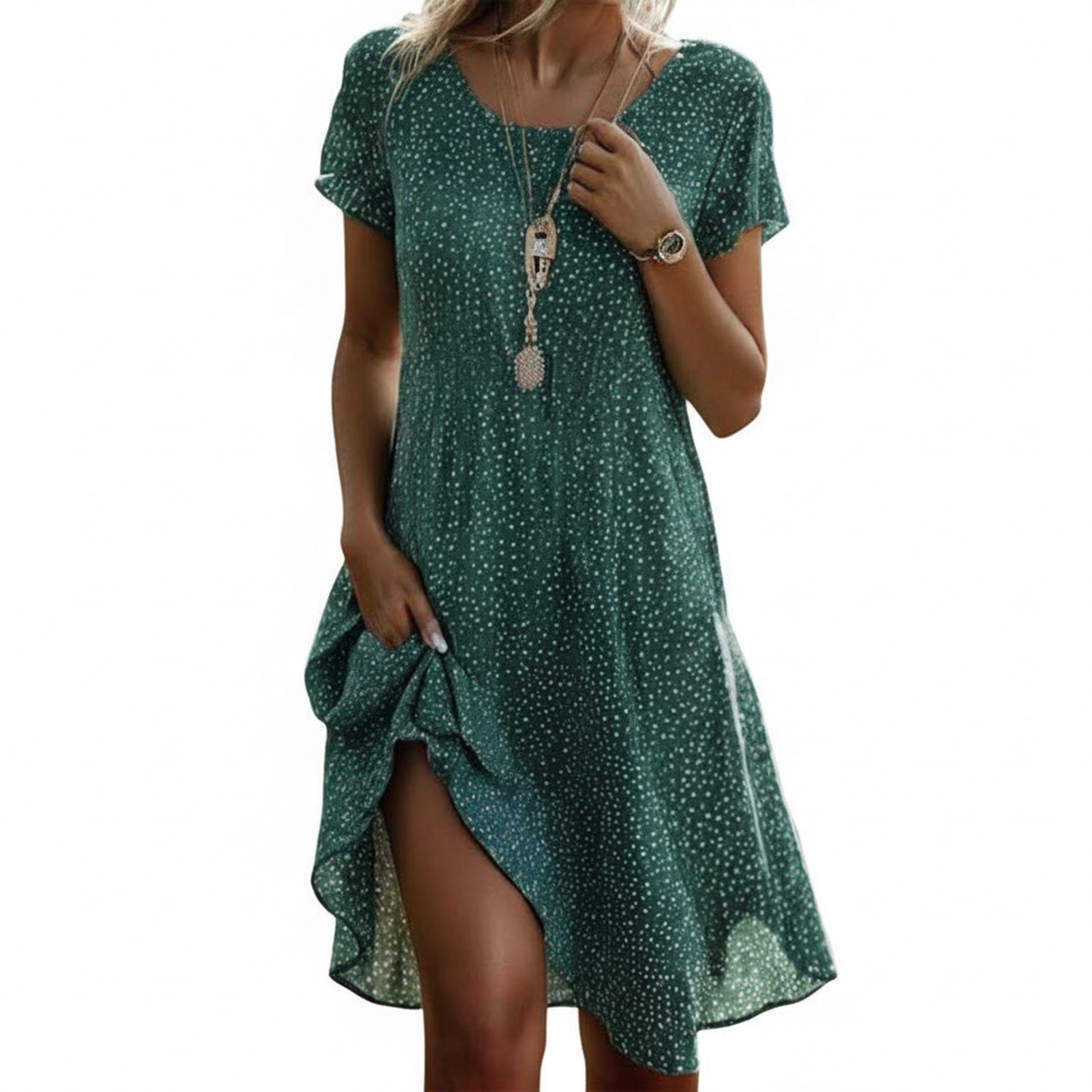 Femme Robe Mi-Longue Manches Courtes à Imprimé Pois et Col Rond