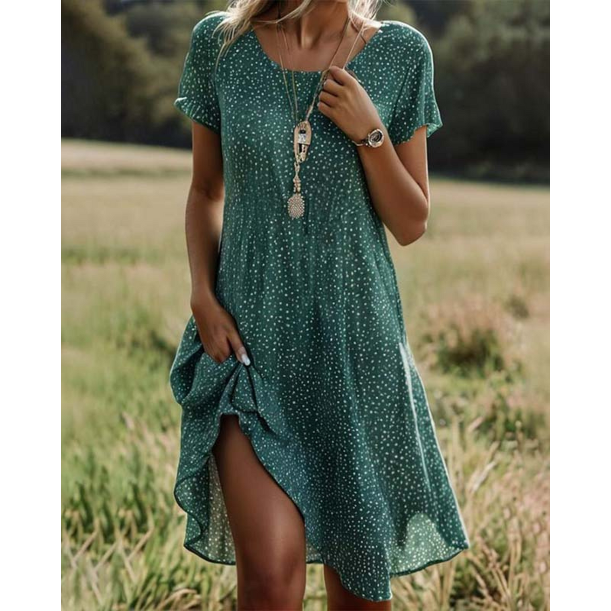 Women's Midi Dress with Short Sleeves, Polka Dot Print, and Round Neck - 2