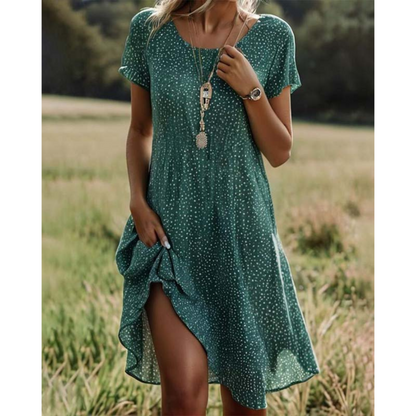 Women's Midi Dress with Short Sleeves, Polka Dot Print, and Round Neck - 2