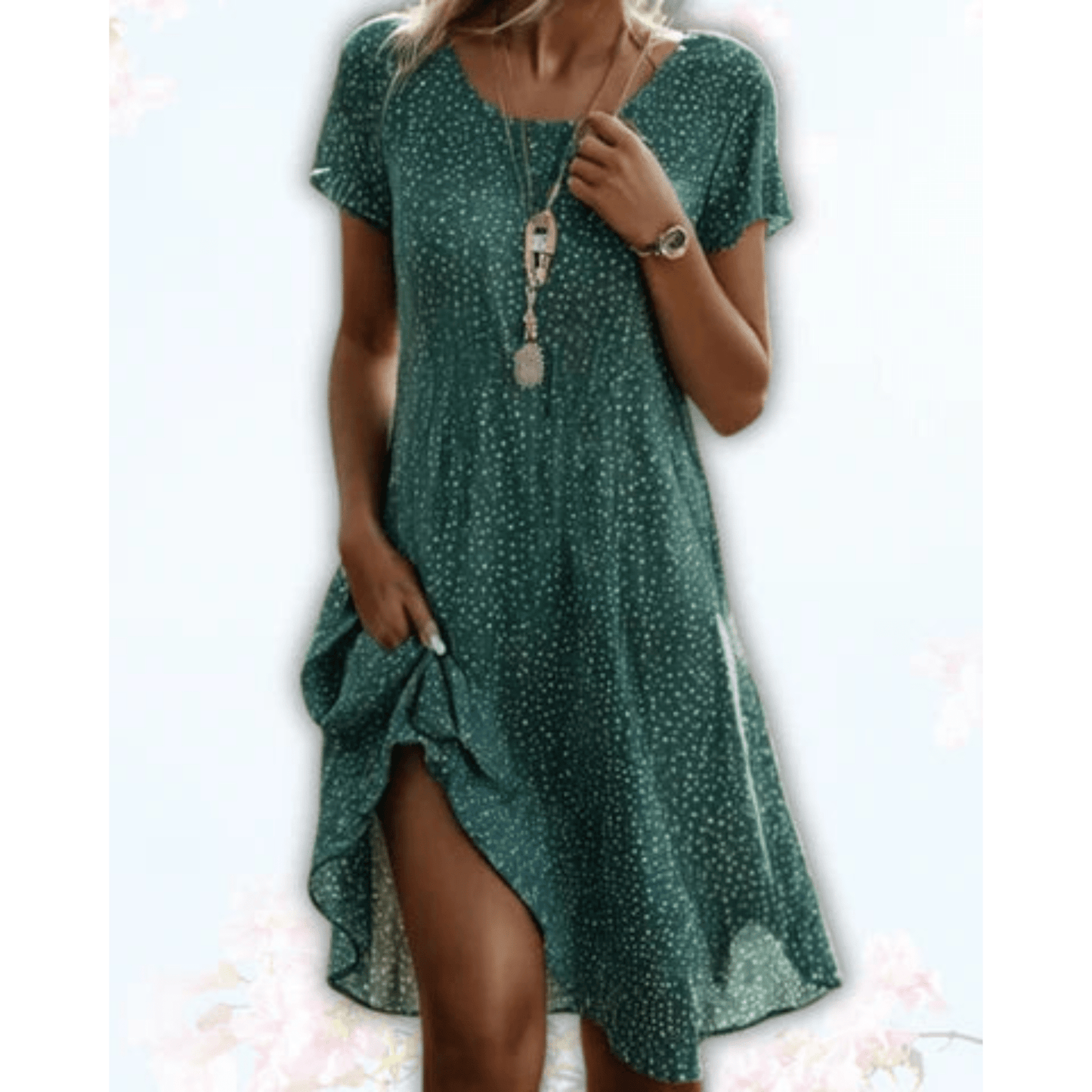 Femme Robe Mi-Longue Manches Courtes à Imprimé Pois et Col Rond