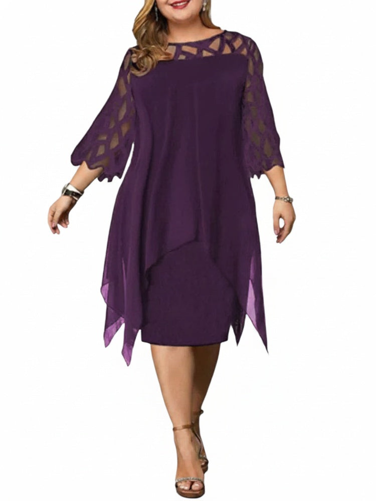 Femme Robe Mi-longue Plus Size Manches Trois-quarts avec Décolleté Ajouré et Ourlet Asymétrique