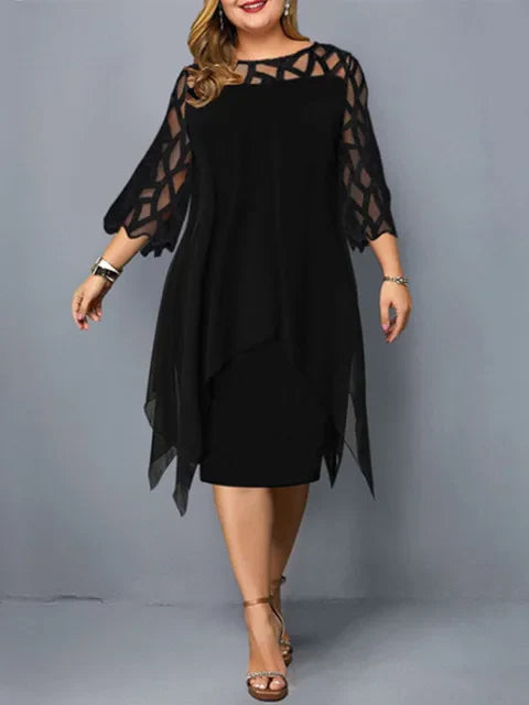 Femme Robe Mi-longue Plus Size Manches Trois-quarts avec Décolleté Ajouré et Ourlet Asymétrique
