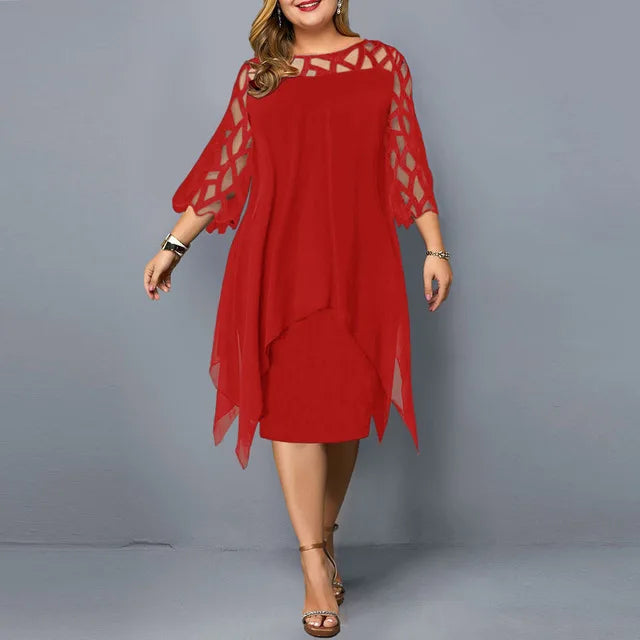 Femme Robe Mi-longue Plus Size Manches Trois-quarts avec Décolleté Ajouré et Ourlet Asymétrique