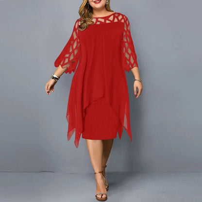 Femme Robe Mi-longue Plus Size Manches Trois-quarts avec Décolleté Ajouré et Ourlet Asymétrique