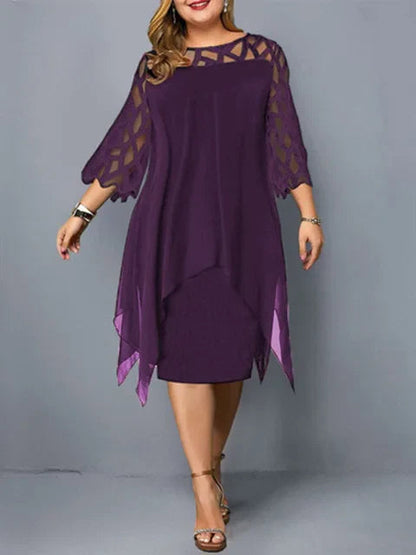 Femme Robe Mi-longue Plus Size Manches Trois-quarts avec Décolleté Ajouré et Ourlet Asymétrique