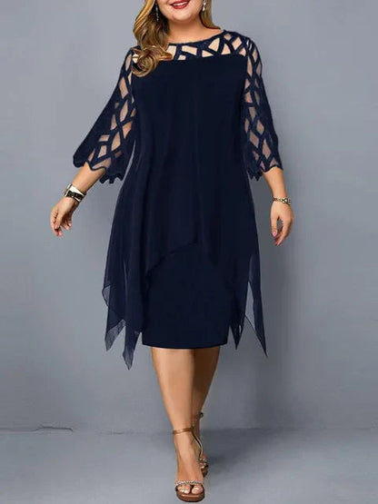 Femme Robe Mi-longue Plus Size Manches Trois-quarts avec Décolleté Ajouré et Ourlet Asymétrique