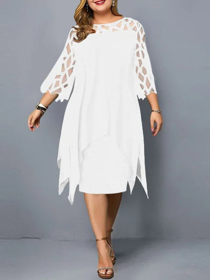 Femme Robe Mi-longue Plus Size Manches Trois-quarts avec Décolleté Ajouré et Ourlet Asymétrique
