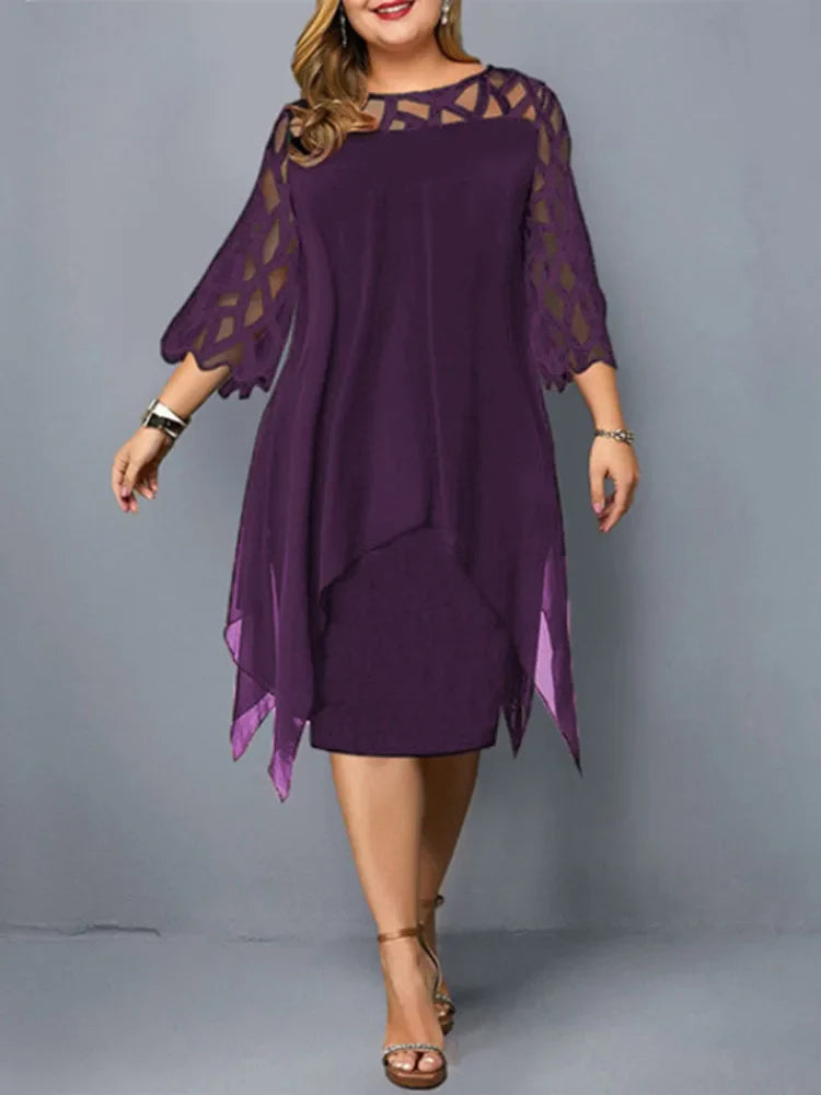 Femme Robe Mi-longue Plus Size Manches Trois-quarts avec Décolleté Ajouré et Ourlet Asymétrique