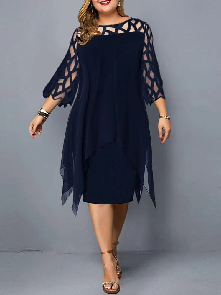 Femme Robe Mi-longue Plus Size Manches Trois-quarts avec Décolleté Ajouré et Ourlet Asymétrique