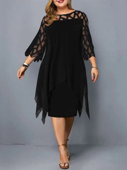Femme Robe Mi-longue Plus Size Manches Trois-quarts avec Décolleté Ajouré et Ourlet Asymétrique