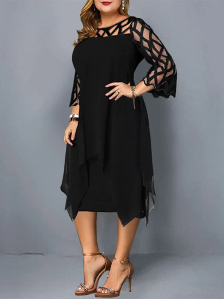 Femme Robe Mi-longue Plus Size Manches Trois-quarts avec Décolleté Ajouré et Ourlet Asymétrique