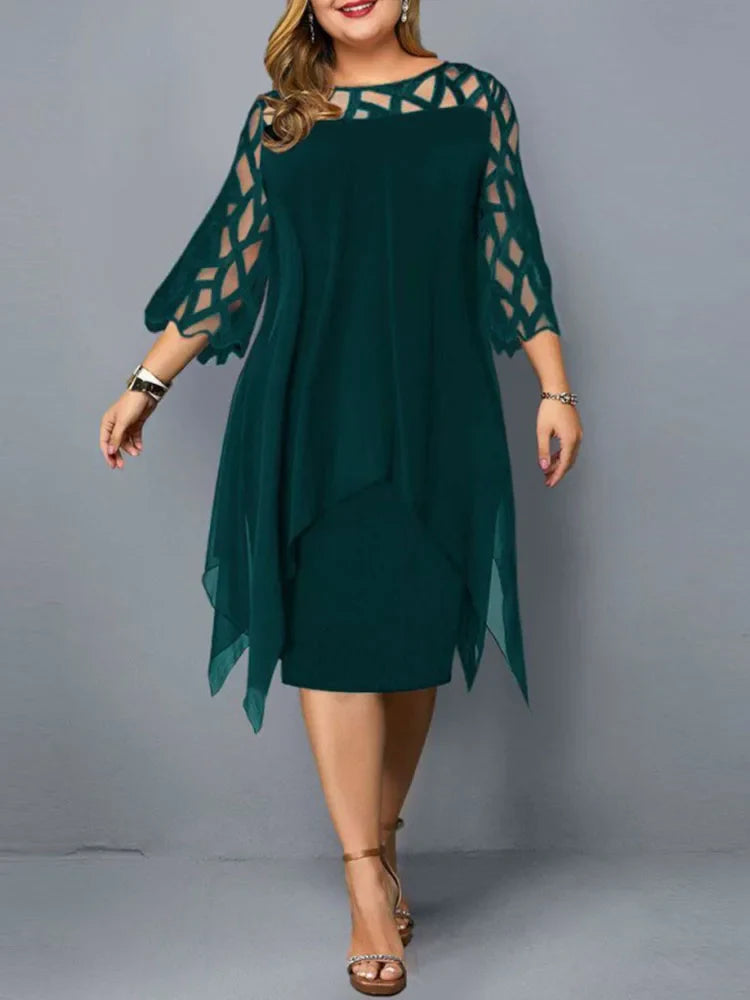 Femme Robe Mi-longue Plus Size Manches Trois-quarts avec Décolleté Ajouré et Ourlet Asymétrique