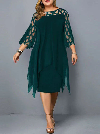 Femme Robe Mi-longue Plus Size Manches Trois-quarts avec Décolleté Ajouré et Ourlet Asymétrique