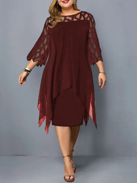 Femme Robe Mi-longue Plus Size Manches Trois-quarts avec Décolleté Ajouré et Ourlet Asymétrique
