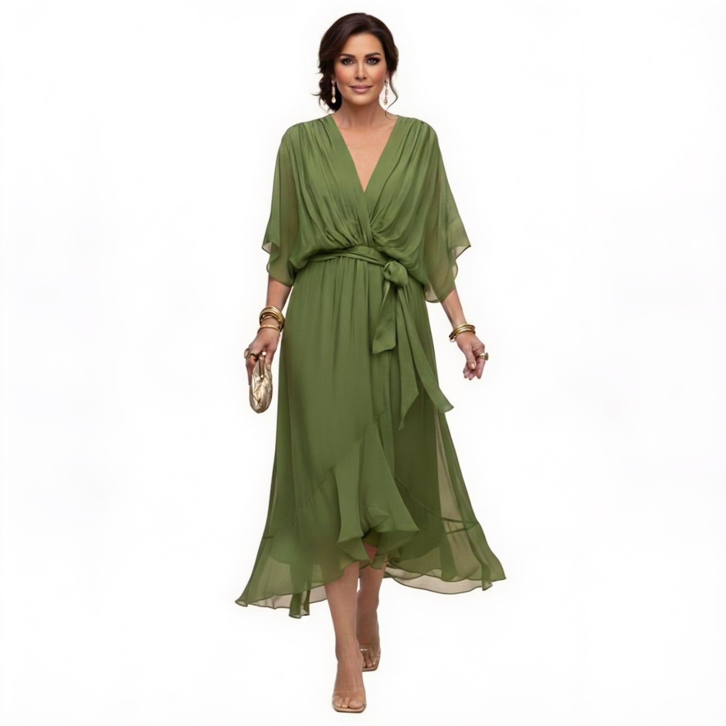 Femme Robe Midi à Col en V avec Manches Chauve-Souris et Ceinture