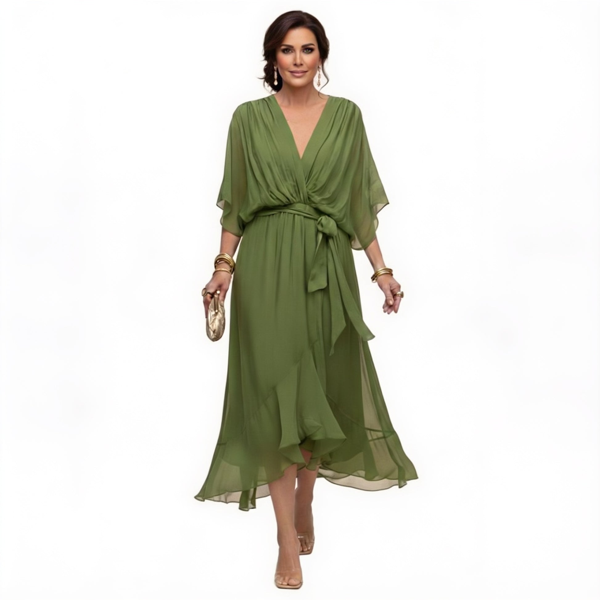 Femme Robe Midi à Col en V avec Manches Chauve-Souris et Ceinture